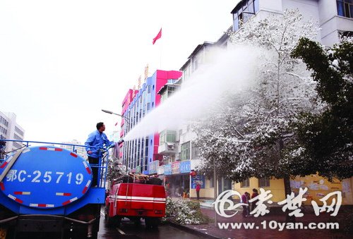 湖北：大雪压折200余株行道树 打水冲为树减压