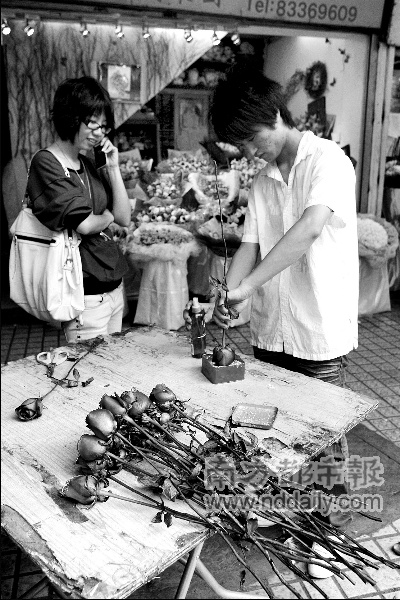 　喷上有黏性的香水,再粘上银色的粉末,“蓝色妖姬”就更迷人了。 