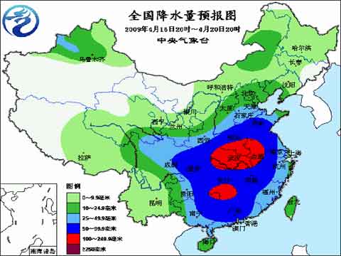 全国降水量预报图（2009年4月16日20时～20日20时）