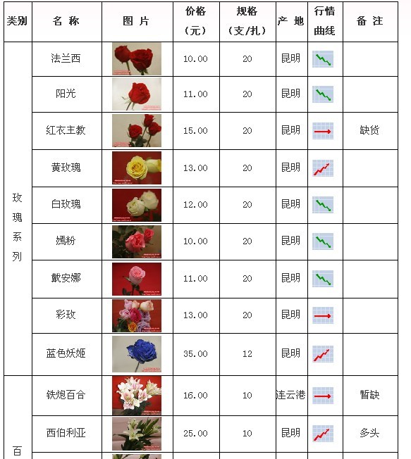 郑州陈砦花卉交易市场2009年6月29日鲜切花报价