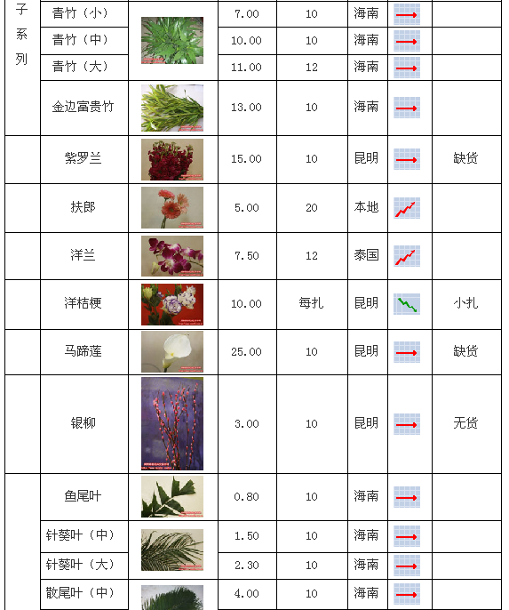 郑州陈砦花卉交易市场2009年6月29日鲜切花报价
