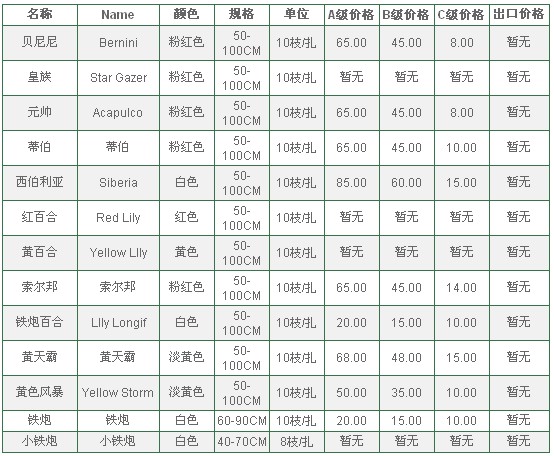 云南昆明老市场2009年08月16日百合花报价信息
