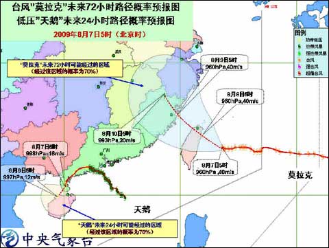 台风“莫拉克”及热带低压“天鹅”路径概率预报图