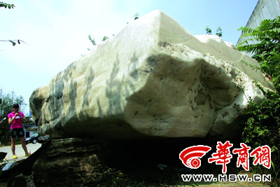 重达18吨的南阳玉石倒在绿化带里