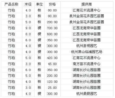 竹柏米径3-9公分苗木报价信息——2010年9月