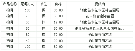 构骨冠幅40-100公分苗木报价信息——2010年9月