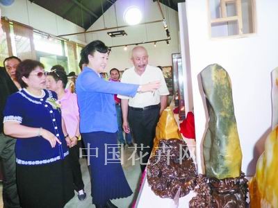 图为文化部副部长赵少华(中)在寿嘉华（左）等人的陪同下参观石展。
