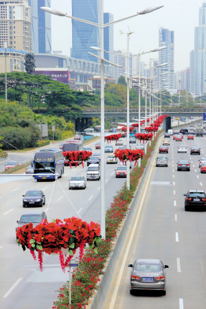 深圳福田：灯杆上悬挂仿真“鲜花”迎新春