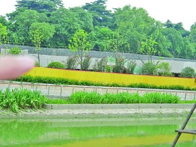 水泥建筑为金川河观景平台,后边砖块砌的是被遮挡的复建明城墙
