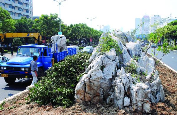 苏州市三香路马路中央绿化带添假山（图）