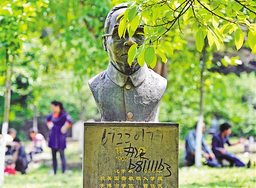 重庆大学A区,科学家塑像被“牛皮癣”广告侵袭。