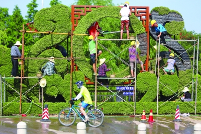 江苏南京河西奥体中心植物雕塑绿色装点新城