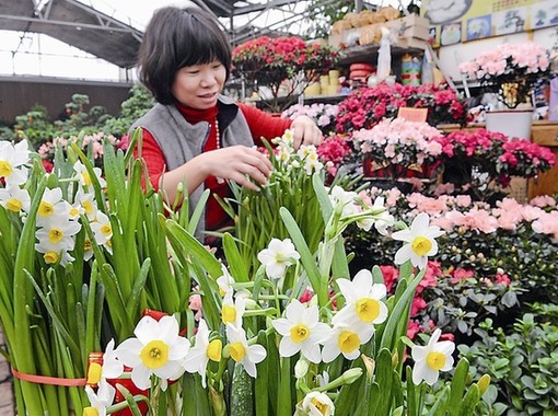 商户为顾客包裹鲜花