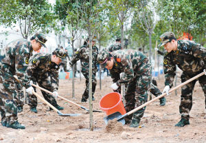 3æ?2日,武警官兵正在义务植树