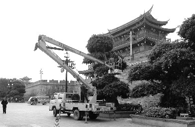 工作人员正在对景观灯进行检查、更换。